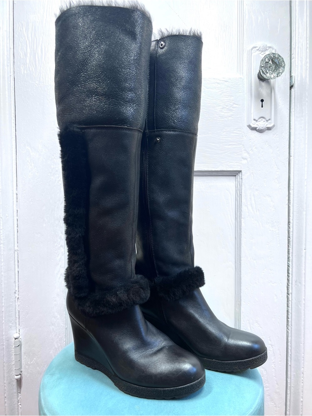 Women’s Black Wedge Knee-High Boots with Faux Fur Trim